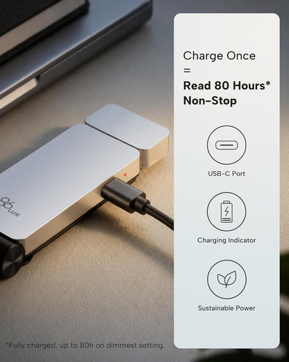 86lux Book Light, Rechargeable Clip-On LED Reading Light for Bed | 3 Color Temperatures with Stepless Dimming, Ultralight Bookmark Design for Book Lovers, Grey
