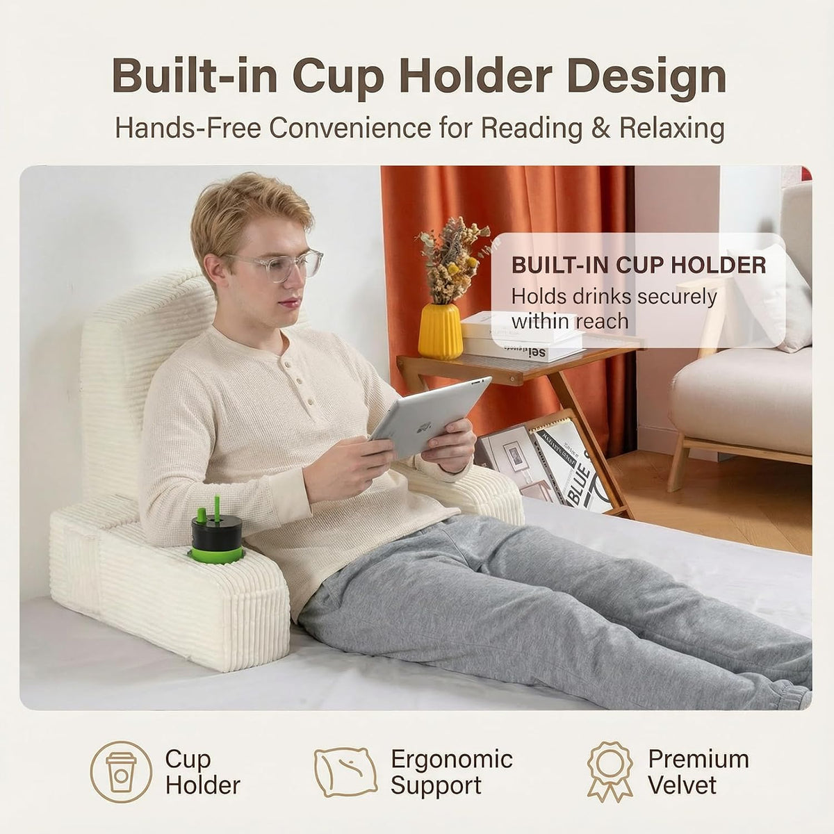 21 INCH Reading Pillow for Adults, Back Pillow for Bed Sitting Up, Backrest Pillow for Sitting in Bed, Detachable Arms with Built-in Cup & Phone Caddy (Gray, 21 INCH)