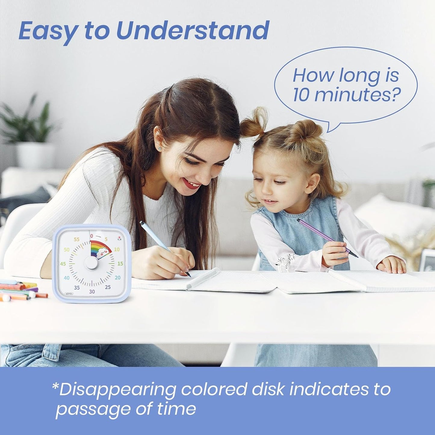 Yunbaoit Rainbow Visual Timer for Kids, 60-min Countdown Timer, Blue | Protective Case, No Ticking, Mute and Ringing Alarm Available, Time Management Tool, Low Power Reminder, for Study,Game,Work