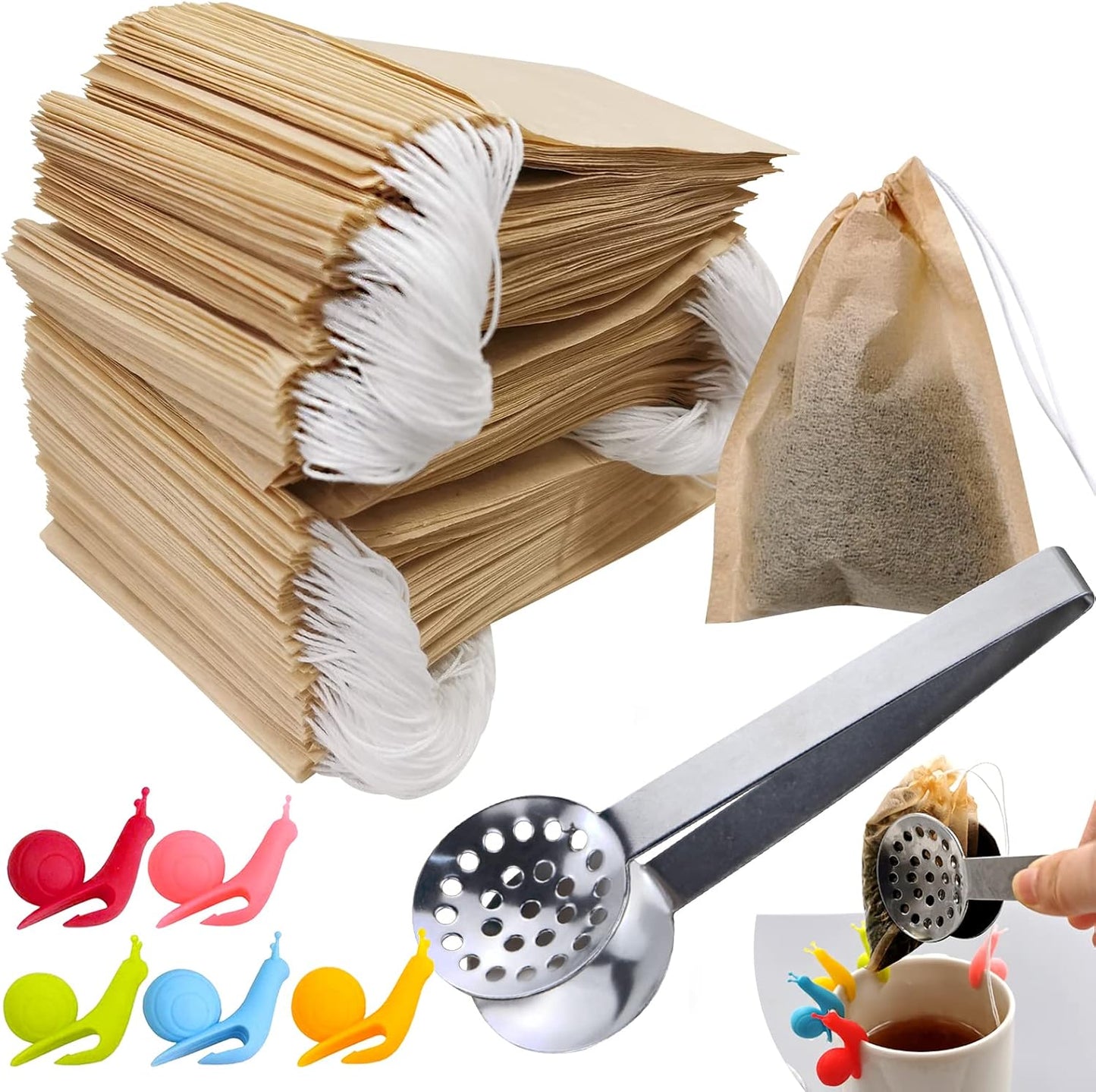 SNAIL GARDEN 300Pcs Tea Filter Bags, Tea Infuser for Loose Leaf Tea with 1Pcs Tea Bag Tong & 5Pcs Tea Bag Holders-100% Unbleached Paper Empty Tea Sachets-Biodegradable and Compostable