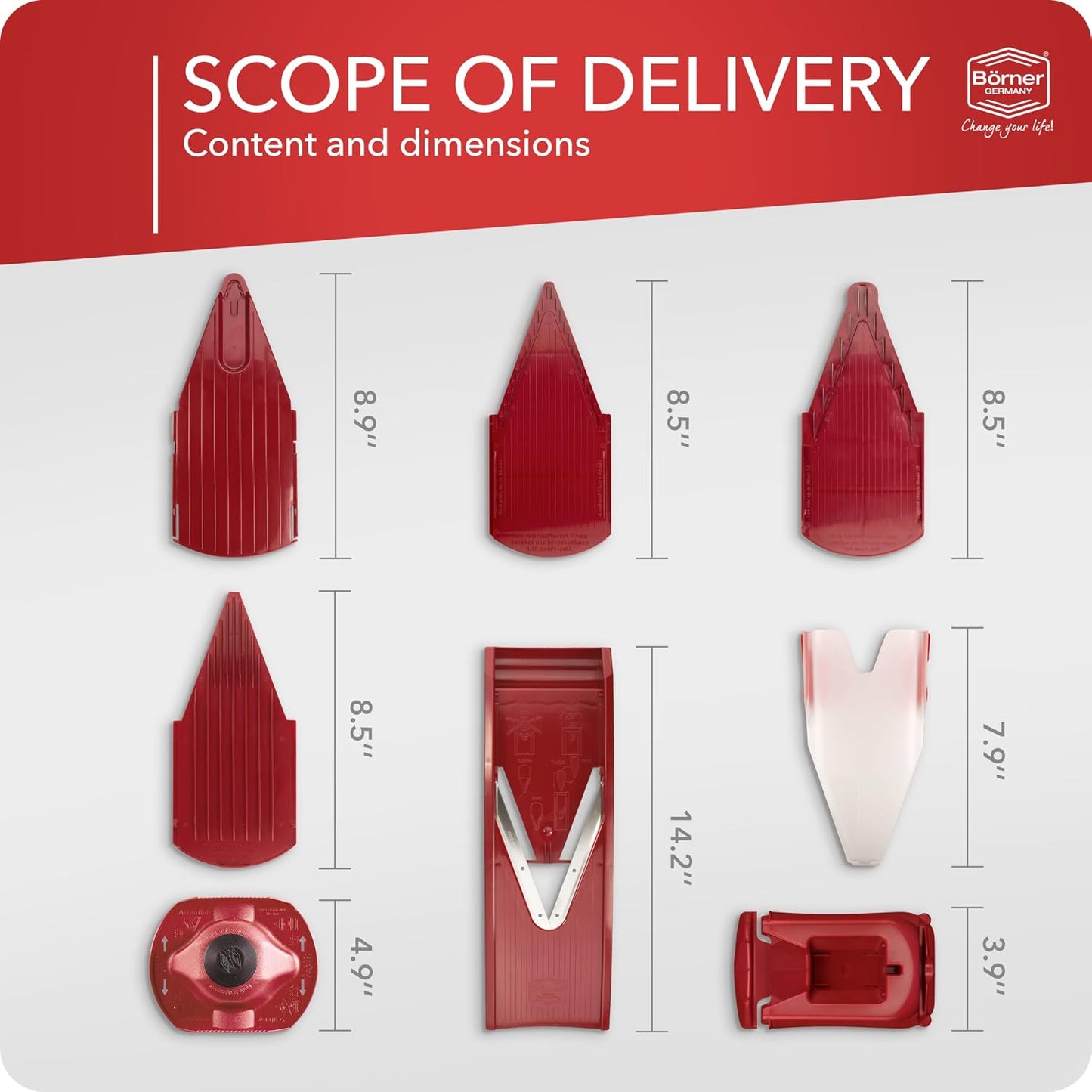 Börner Mandoline Slicer V1 (Basis Set) • V-Slicer with 2 Inserts & Fruit Holder • Adjustable Kitchen Slicer for Vegetables & Fruits • Vegetable Cutter • 3 Thickness Settings • Color: Red