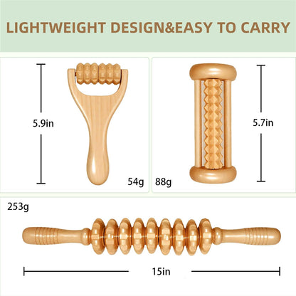 3Pcs Wood Therapy Massage Tools, Lymphatic Drainage & Maderoterapia Kit for Body Sculpting, Anti Cellulite, Wooden Muscle Roller for Deep Tissue, Back, Legs, Foot Roller for Plantar Fasciitis