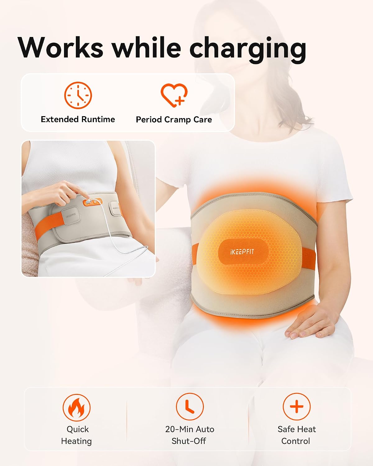 IKEEPFIT Portable Heating Pad for Back, Cordless Wearable Heat Belt with Massager for Lower Back Pain Relief, Battery Powered 8000 mAh Rechargeable, MAXwarm® 3.0, Gift for Women Men 90-310 lbs