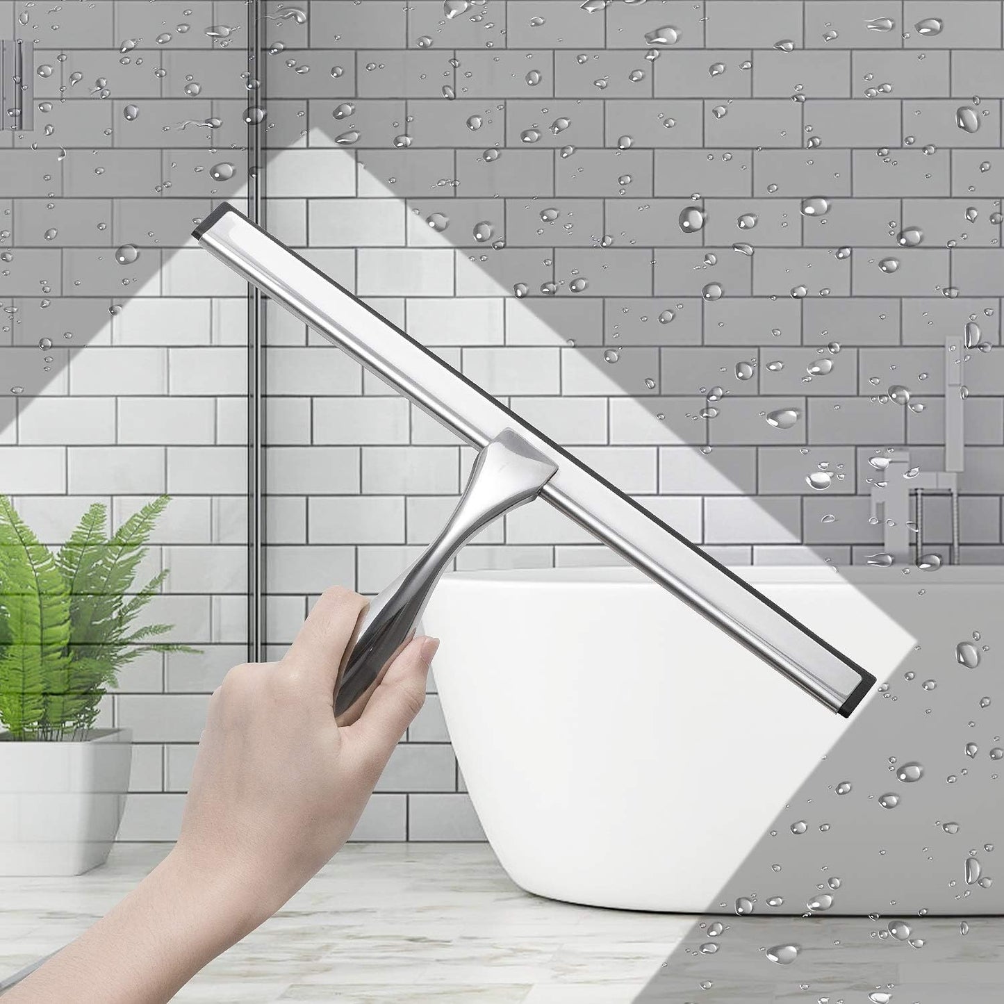 12-Inch Shower Squeegee Set, Includes Shower Door Hook and Adhesive Hook, Squeegee for Shower Doors, Mirror and Window, Silver