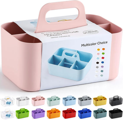 Multiuse Caddy Organizer with Handle, Portable Divided Plastic Tote Bin - Art Craft, Stationary Pen Marker Crayons, Makeup Hair Supplies Storage - Bathroom, Classroom, Dorm, Office, Desk Holder - Grey