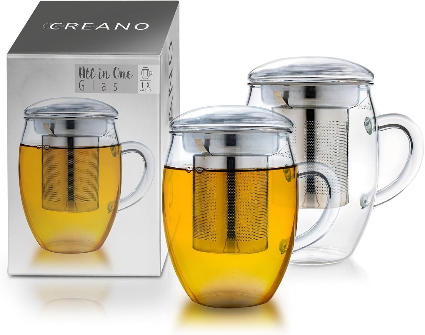 Creano Tea Glass with Infuser and Lid 400ml - Large Tea Cup - Microwave & Dishwasher Safe - Loose Leaf Tea Maker Gift Set