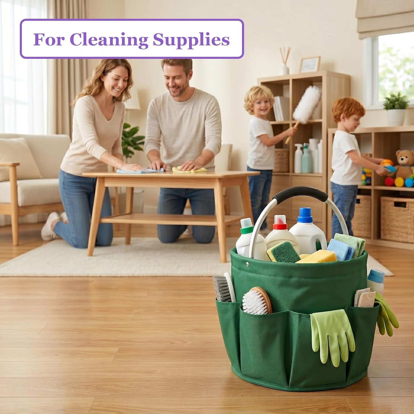 17L Cleaning Caddy with Handle and 6 Pockets, Foldable Cleaning Supply Caddy, Portable Shower Caddy in 600D Oxford Fabric, Multifunctional Storage Basket for Camping, Gardening, Black