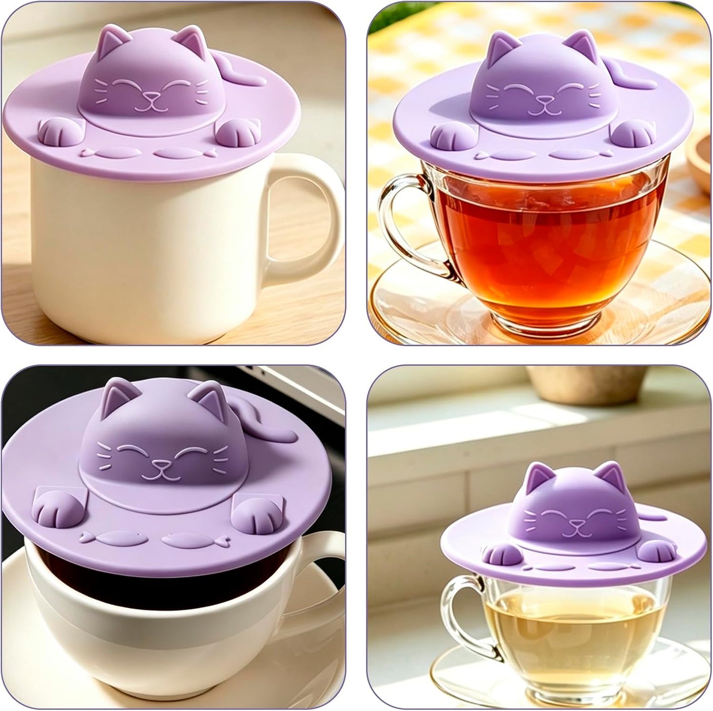 Enenes 4 Pack Silicone Tea Bag Holder and Squeezer, 4 Inch Cat-Shaped Cup Lid Cover for Tea Bags, Reusable Dishwasher Safe Mug Cover for Tea Cups and Coffee Mugs