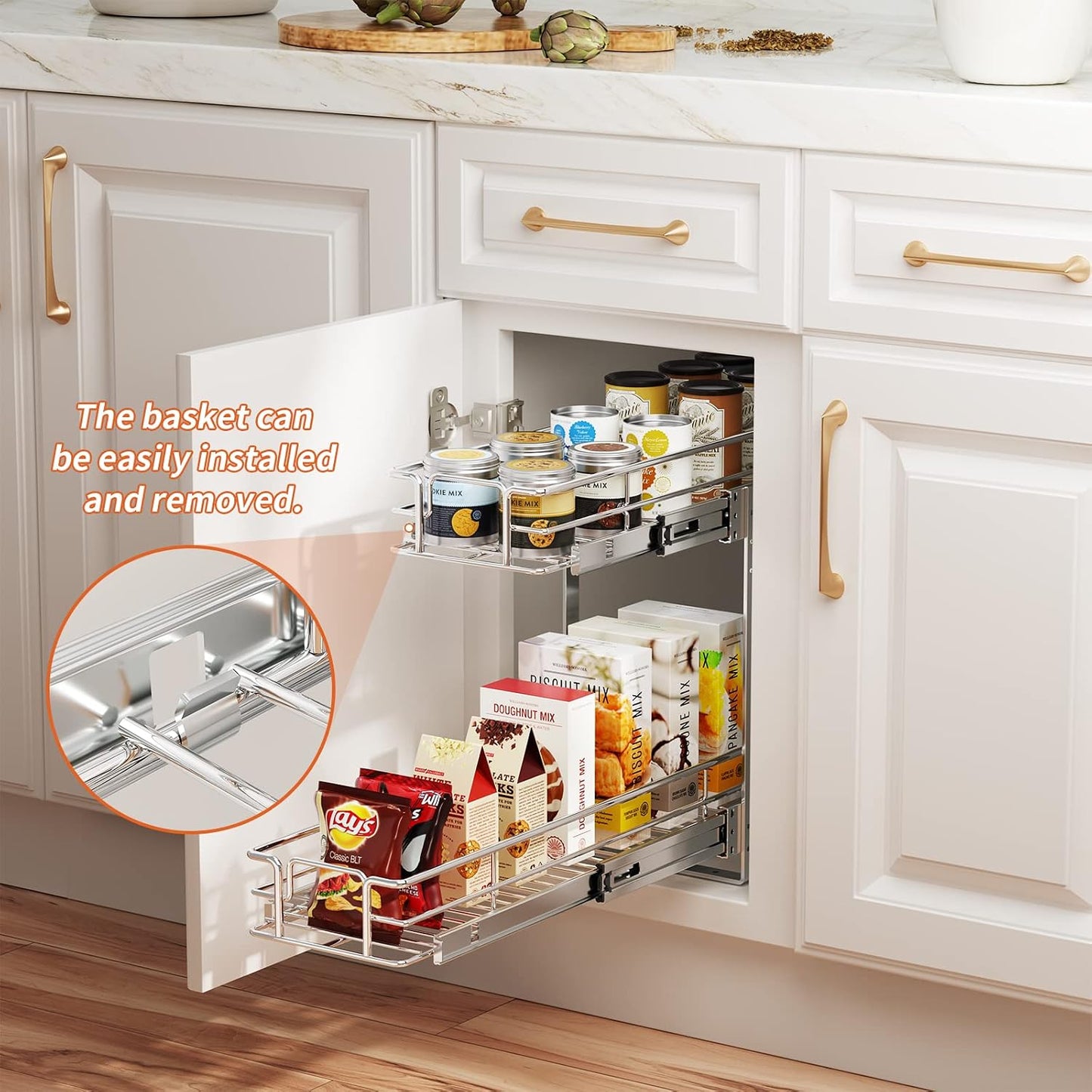 ROOMTEC Pull Out Cabinet Organizer, Pull Out Shelves 5½" W x 21½" D, Heavy Duty Cabinet Drawers Slide Out Kitchen Organizers Storage Shelf