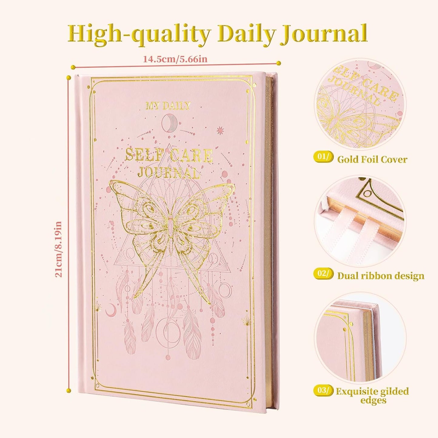 Self-Care Journal for More Happiness, Optimism, Affirmation & Reflection, Gratitude Journal with Guided Prompts, Inspirational Quotes, Mood Tracker, Undated Daily Journals for Women & Men (Pink)