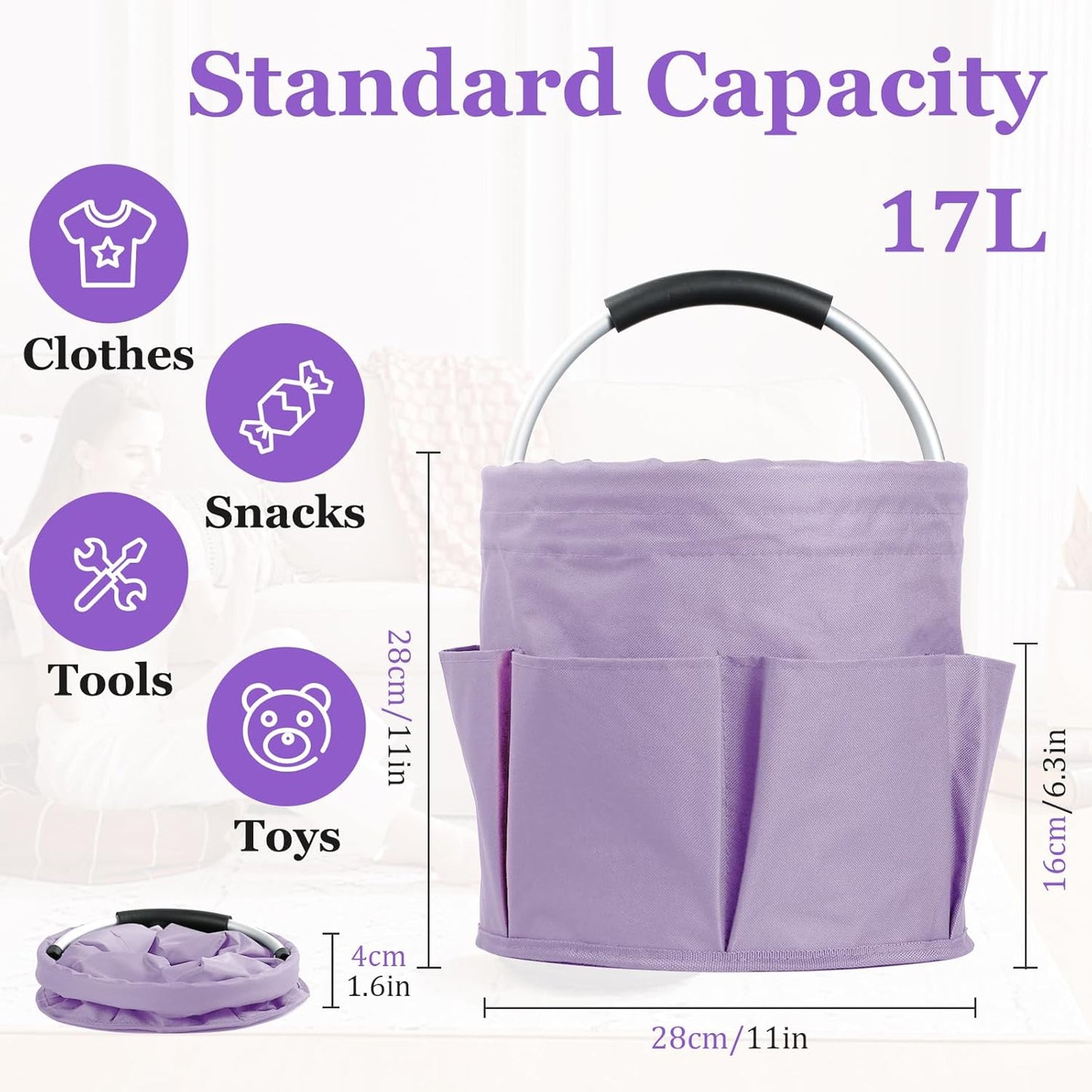 17L Cleaning Caddy with Handle and 6 Pockets, Foldable Cleaning Supply Caddy, Portable Shower Caddy in 600D Oxford Fabric, Multifunctional Storage Basket for Camping, Gardening, Black