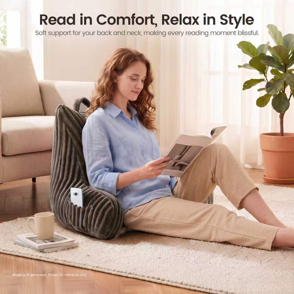 Reading Pillow for Sitting up in Bed, Adjustable Memory Foam Bed Rest Pillow, Wide-wale Plush Cover Machine Washable, Neck Back and Lumbar Support Pillow-Grey
