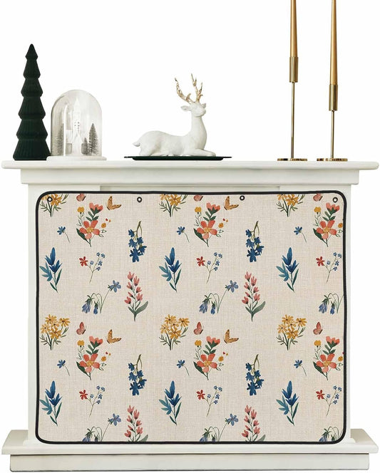 Watercolor Flowers Magnetic Fireplace Cover, Vintage Farmhouse Wild Floral Plants Fireplace Draft Blocker for Heat Loss/Cold Air, Fireplaces Draft Stopper Cover for Inside 45''x34''