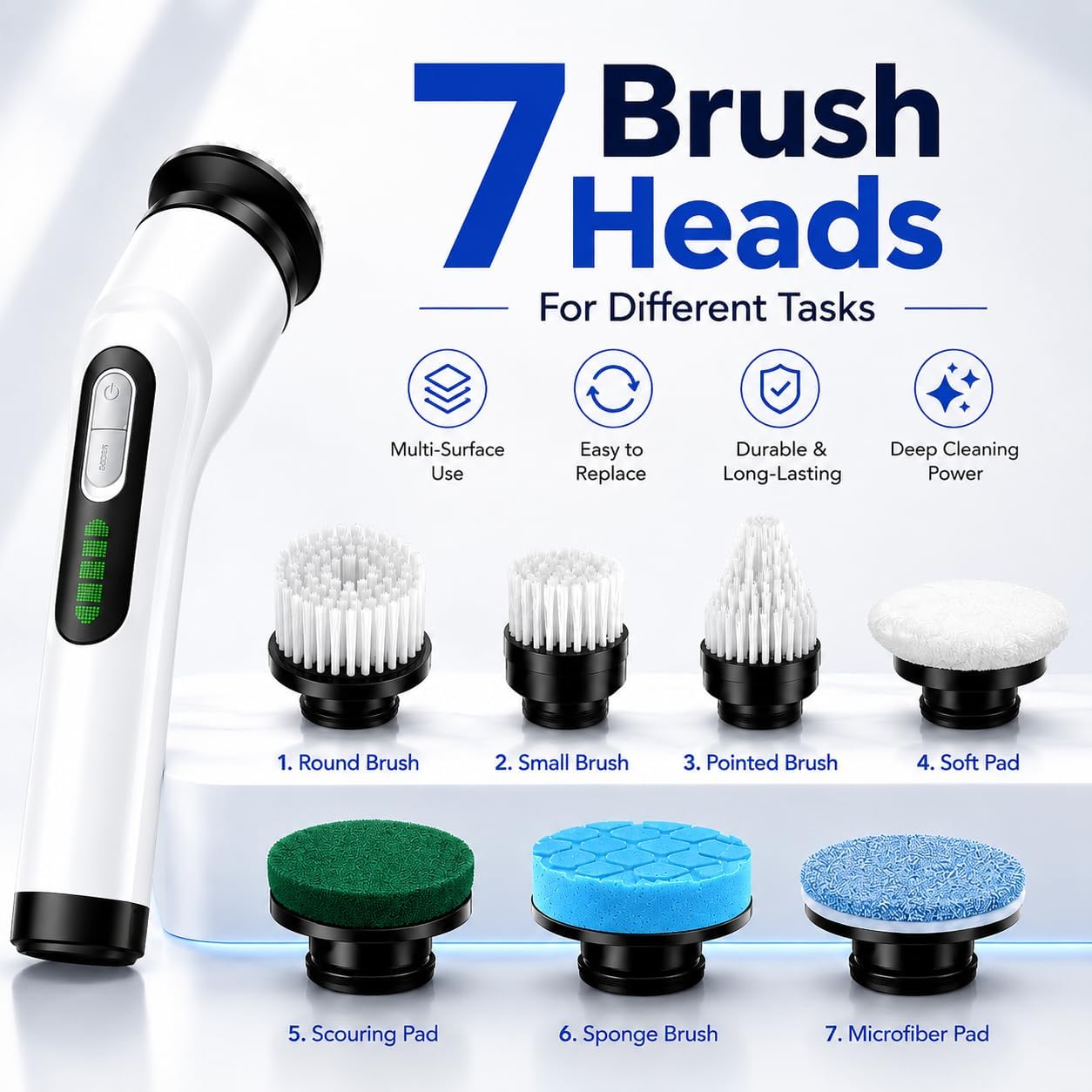 Highyes Electric Spin Scrubber for Bathroom | IPX7 Waterproof Shower Scrubber with Extendable Long Handle，Bathroom Cleaning Scrubber with 7 Reusable Brush Heads
