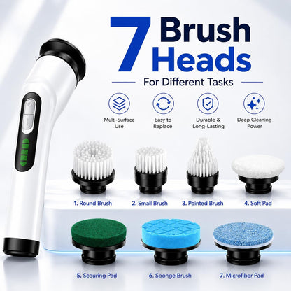Highyes Electric Spin Scrubber for Bathroom | IPX7 Waterproof Shower Scrubber with Extendable Long Handle，Bathroom Cleaning Scrubber with 7 Reusable Brush Heads