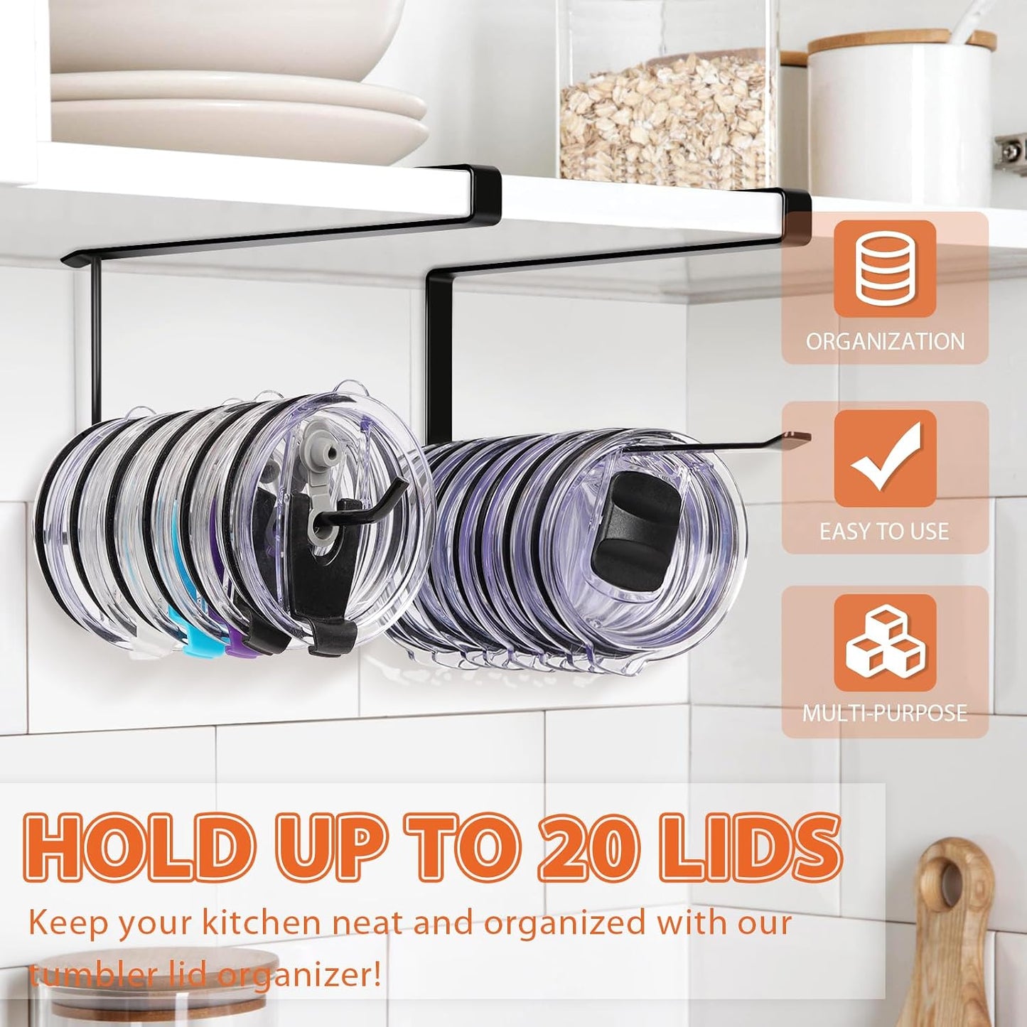 Tumbler Lid Organizer, Versatile Tumbler Lid Storage Holds 10 Lids, Black | Space Saving Cup Lid Organizers Inside Cabinet Tumbler Lid Hook for Kitchen Organizer and Storage, Paper Towel Rack Hanger