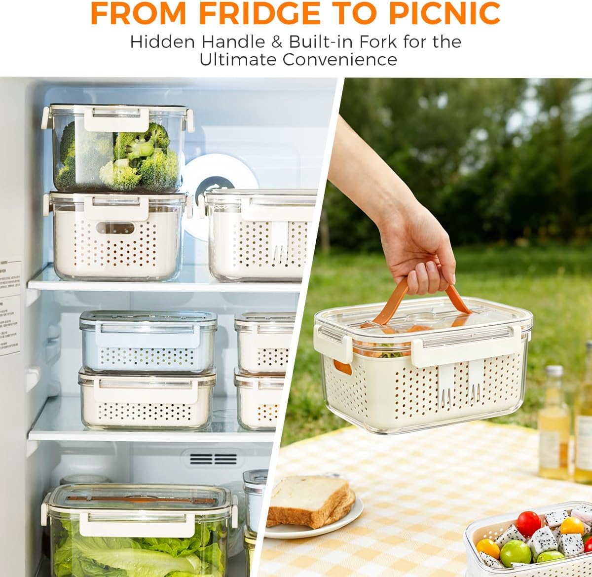 Fruit Storage Containers for Fridge,berry containers with Colander and Built-in Forks,2 packs 57oz & 13oz Airtight Food Containers with Lids, BPA Free Berry Keeper, to go box for lunch, travel, office