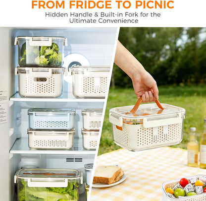 Fruit Storage Containers for Fridge,berry containers with Colander and Built-in Forks,2 packs 57oz & 13oz Airtight Food Containers with Lids, BPA Free Berry Keeper, to go box for lunch, travel, office