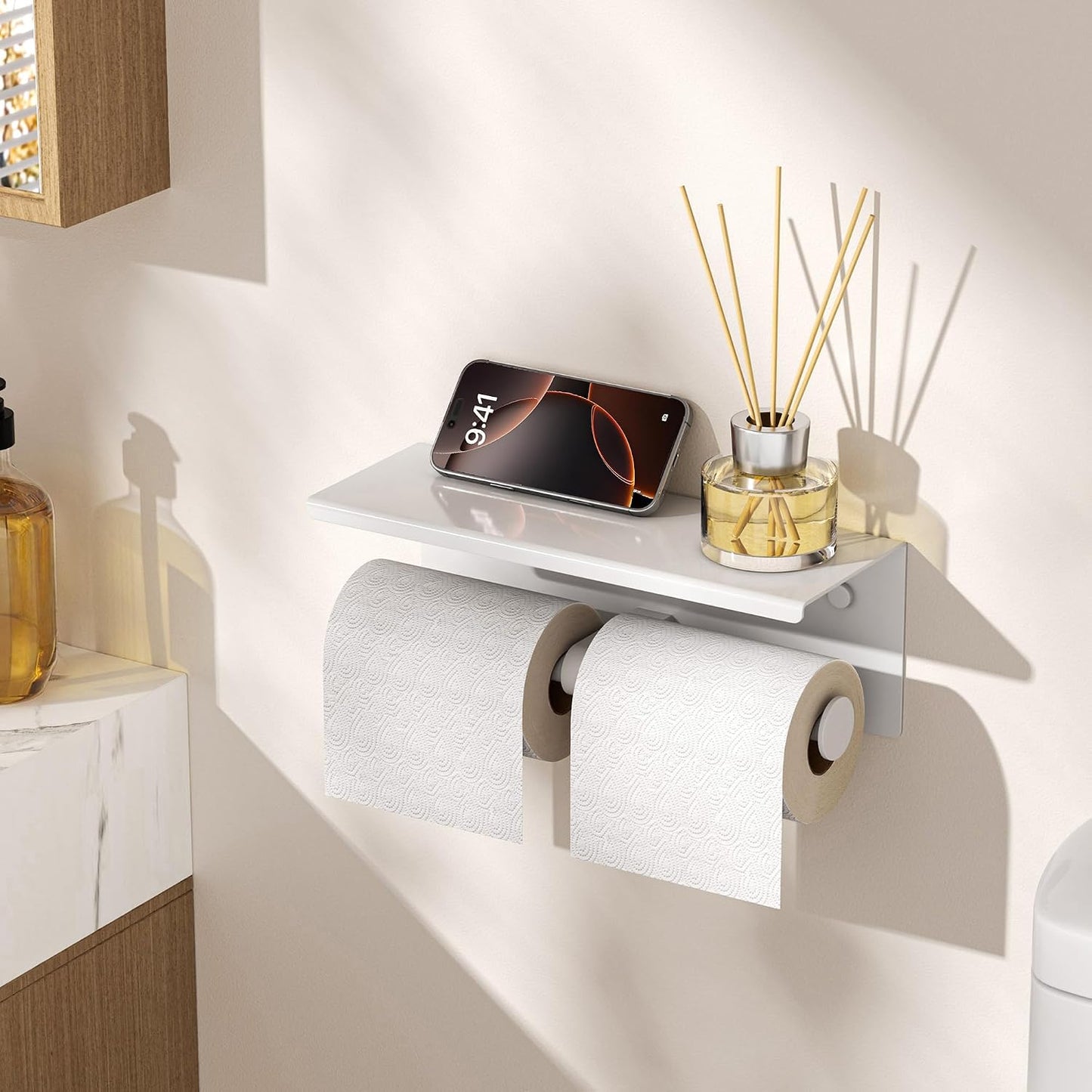 FORIOUS Toilet Paper Holder with Shelf, Commercial Toilet Paper Dispensers | Brushed Nickel | Wall Mount Bathroom Tissue Holder | SUS304 Stainless Steel Rustproof | Double Tissue Roll Holder