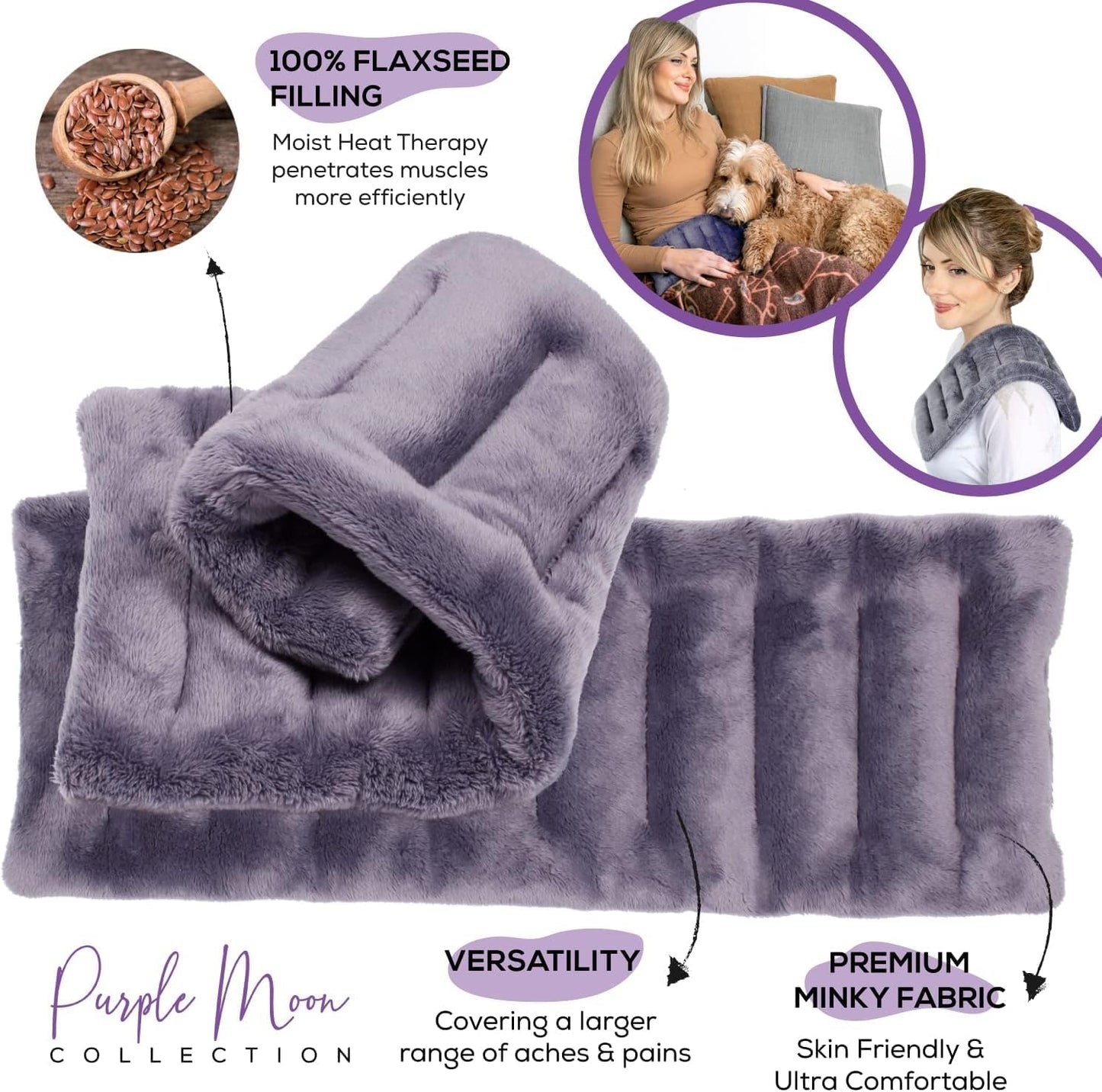 Purple Moon Collection - Microwavable Heating Pad for Neck & Shoulders - 6x16, Gray - Flaxseed Heat Pack - Weighted Hot & Cold Therapy Compress Wrap for Pain Relief, Menstrual Cramps, Sore Muscles