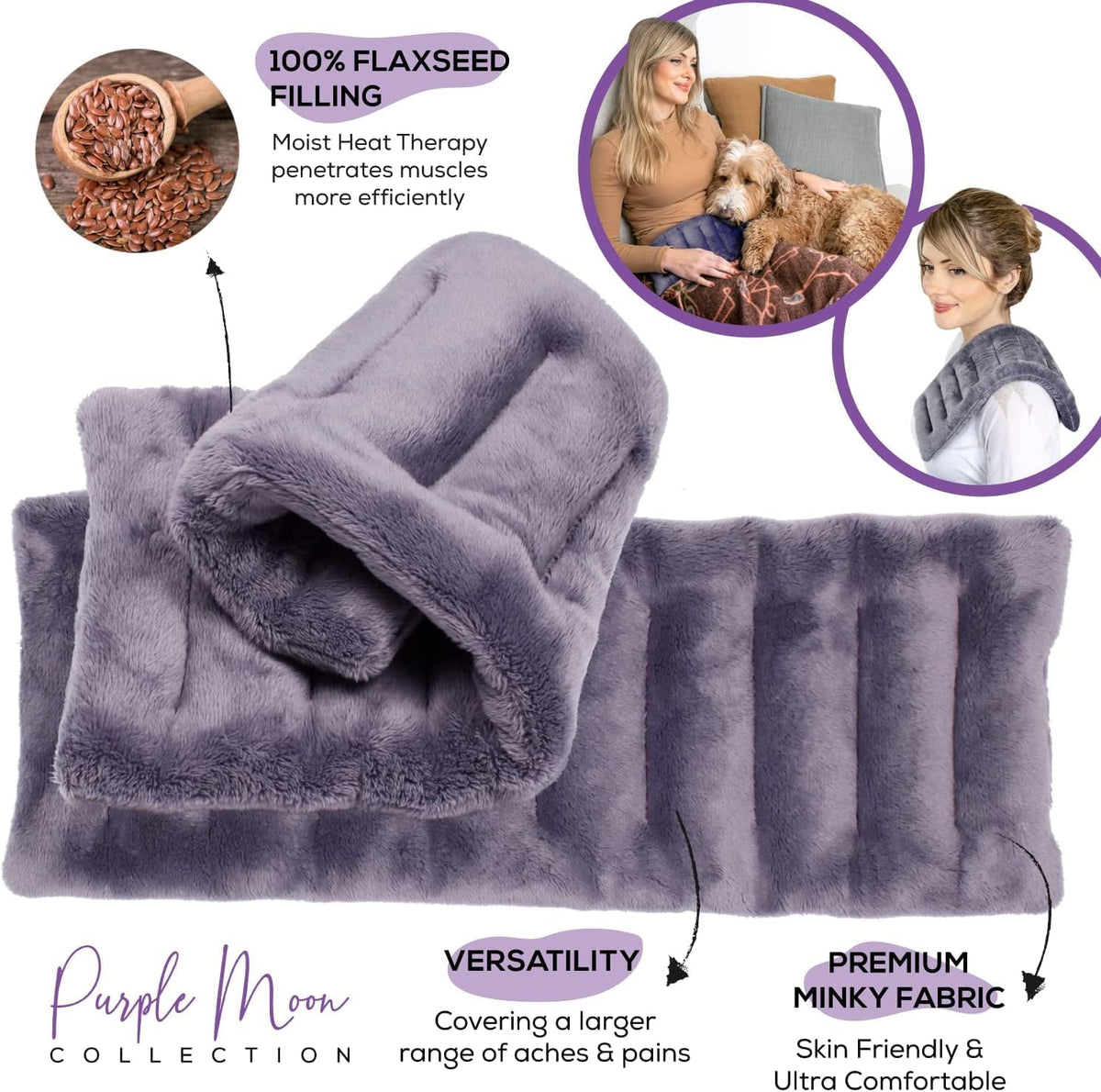 Purple Moon Collection - Microwavable Heating Pad for Neck & Shoulders - 6x16, Gray - Flaxseed Heat Pack - Weighted Hot & Cold Therapy Compress Wrap for Pain Relief, Menstrual Cramps, Sore Muscles
