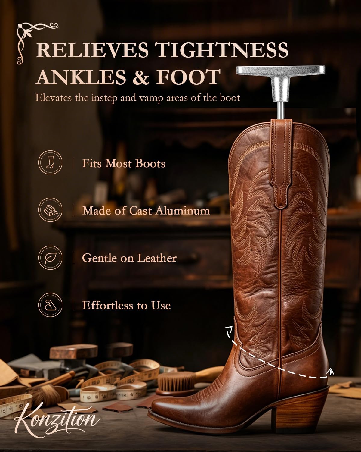 Cast Aluminum Boot Instep & Vamp Stretcher: Relieving Tightness Easily, Adjustable Boot Instep Stretcher is Suitable for Western, Cowboy, Hiking & Work Boots for Men and Women - Easy to Use