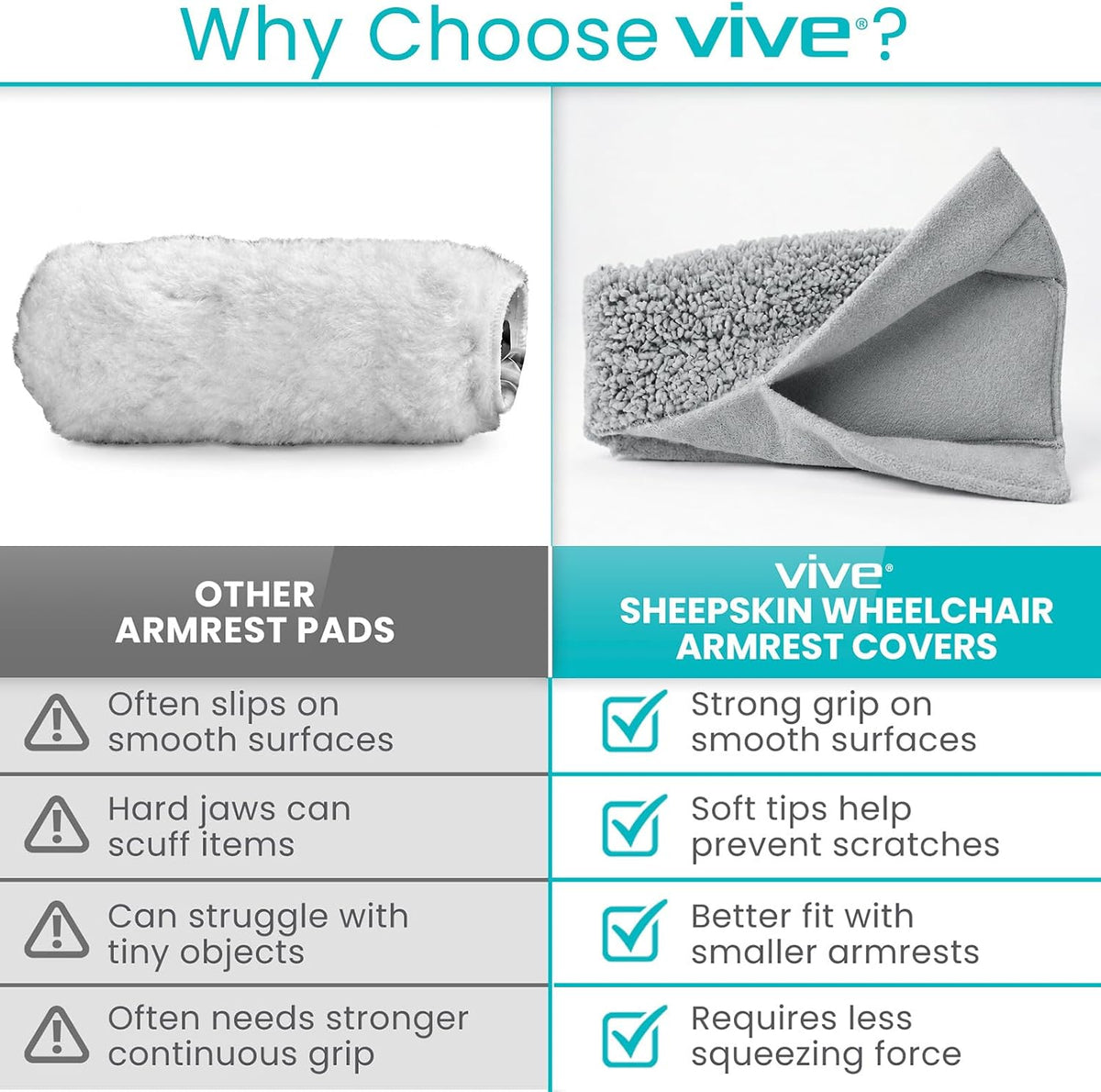 Vive Wheelchair Armrest Pads (2 PCS) - Memory Foam Sheepskin Cushion