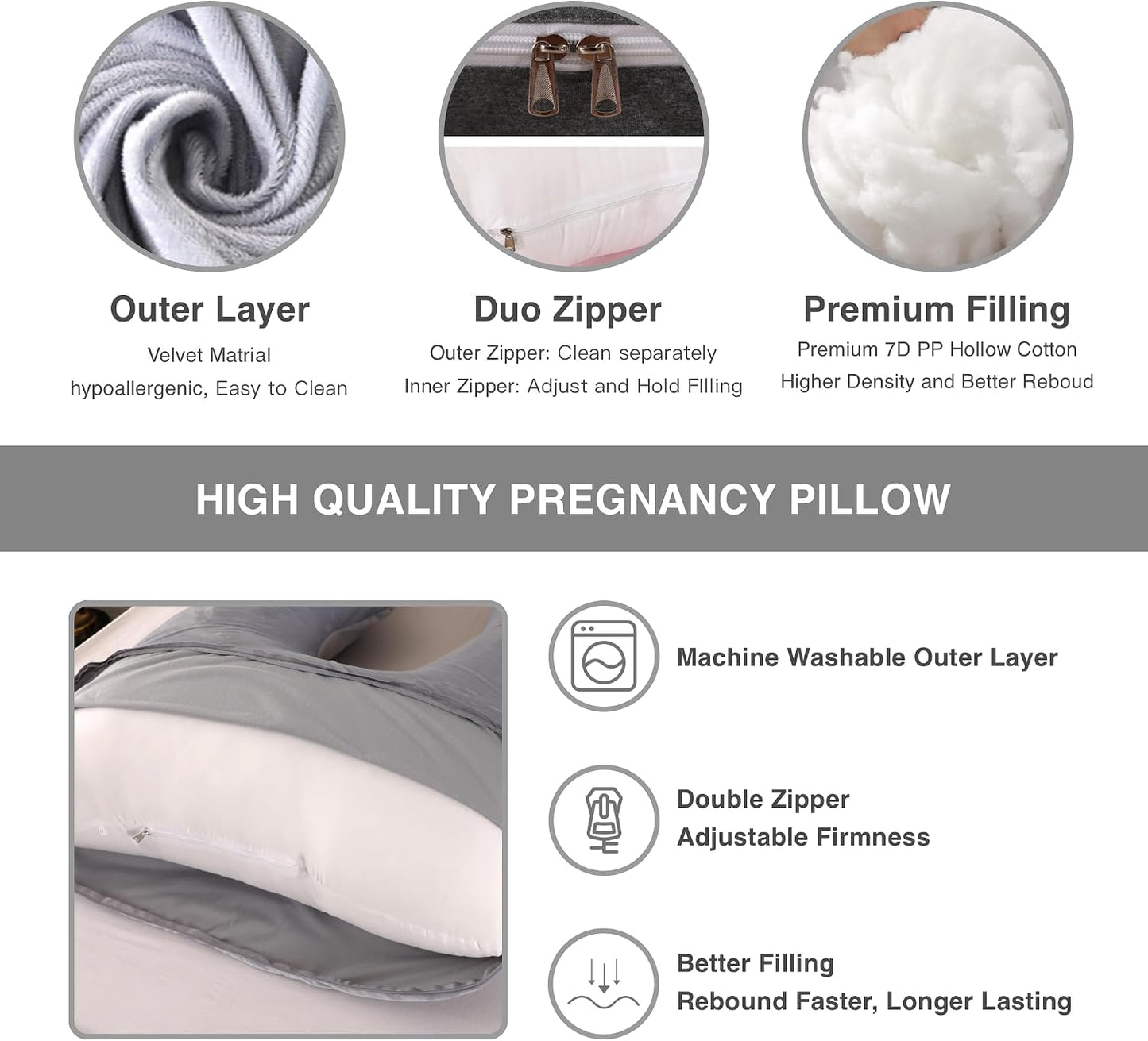 ALLOPERA Pregnancy Pillows for Sleeping, 57-Inch U-Shaped Full Body Maternity Pillow with Adjustable Fill and Removable Washable Cover, Back, Belly, Hip and Leg Support for Pregnant Women, Black Grey