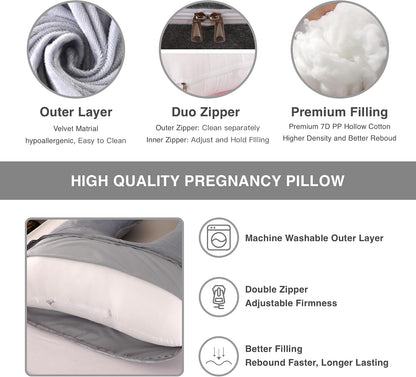 ALLOPERA Pregnancy Pillows for Sleeping, 57-Inch U-Shaped Full Body Maternity Pillow with Adjustable Fill and Removable Washable Cover, Back, Belly, Hip and Leg Support for Pregnant Women, Black Grey