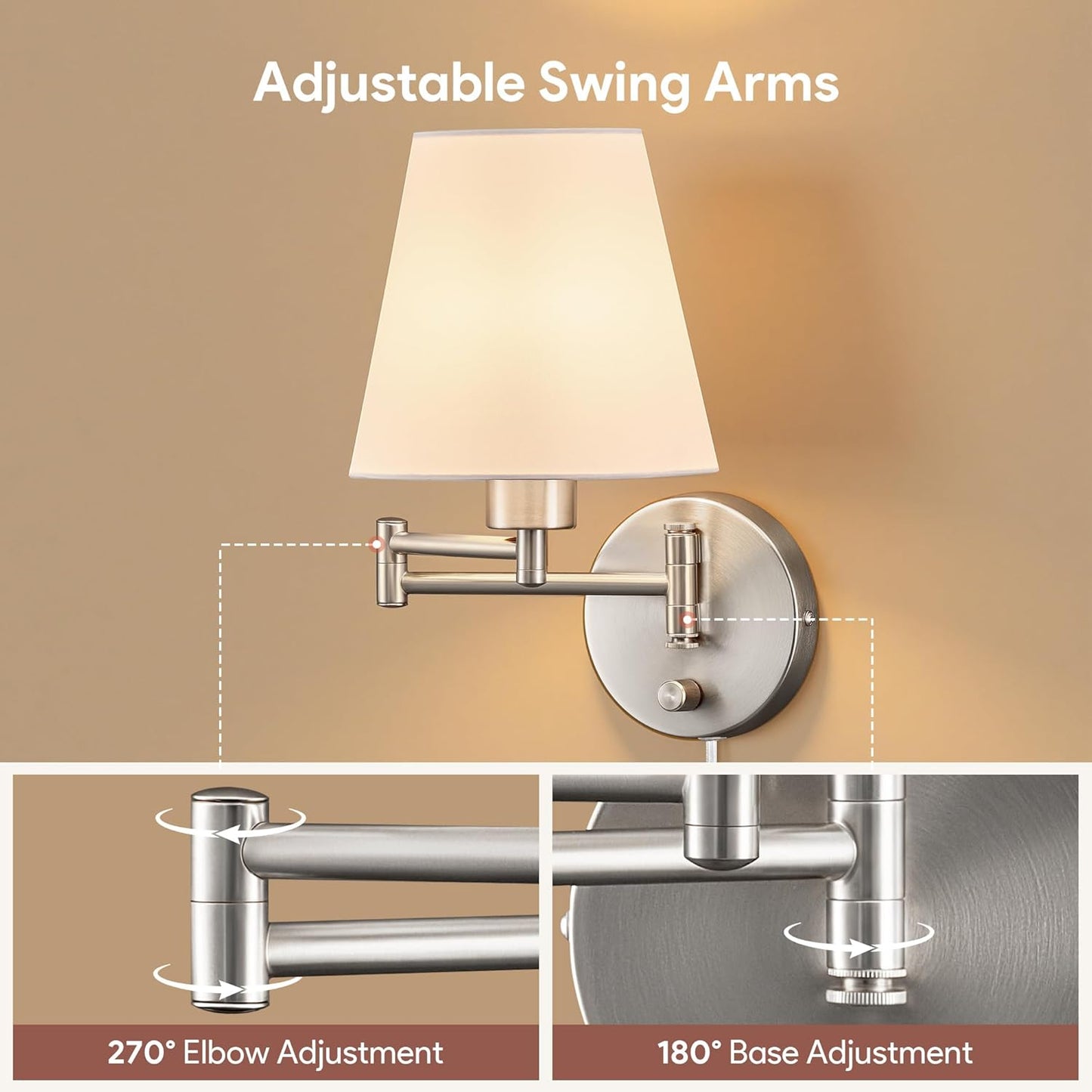VONLUCE Wall Lamp, Plug in & Swing Arm Wall Sconce, Nickel Finish | Modern Wall Lights with White Fabric Shades, Plug in & Hardwired Wall Mounted Light for Bedside, Living Room, Hallway