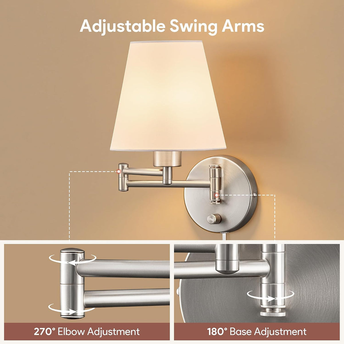 VONLUCE Wall Lamp, Plug in & Swing Arm Wall Sconce, Nickel Finish