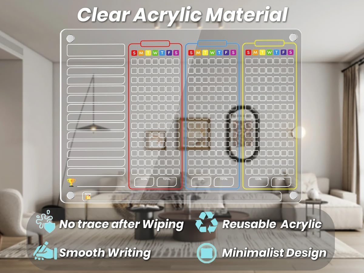 PigPotParty 2-in-1 Acrylic Magnetic Chore Chart for 2 Kids, Large 16x12 in | Clear Dry Erase Fridge Chore Board for Teens, Roommates; Vibrant Layout; Embedded Magnets; 12 Wet-Erase Markers and Towel