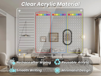 PigPotParty 2-in-1 Acrylic Magnetic Chore Chart for 2 Kids, Large 16x12 in | Clear Dry Erase Fridge Chore Board for Teens, Roommates; Vibrant Layout; Embedded Magnets; 12 Wet-Erase Markers and Towel