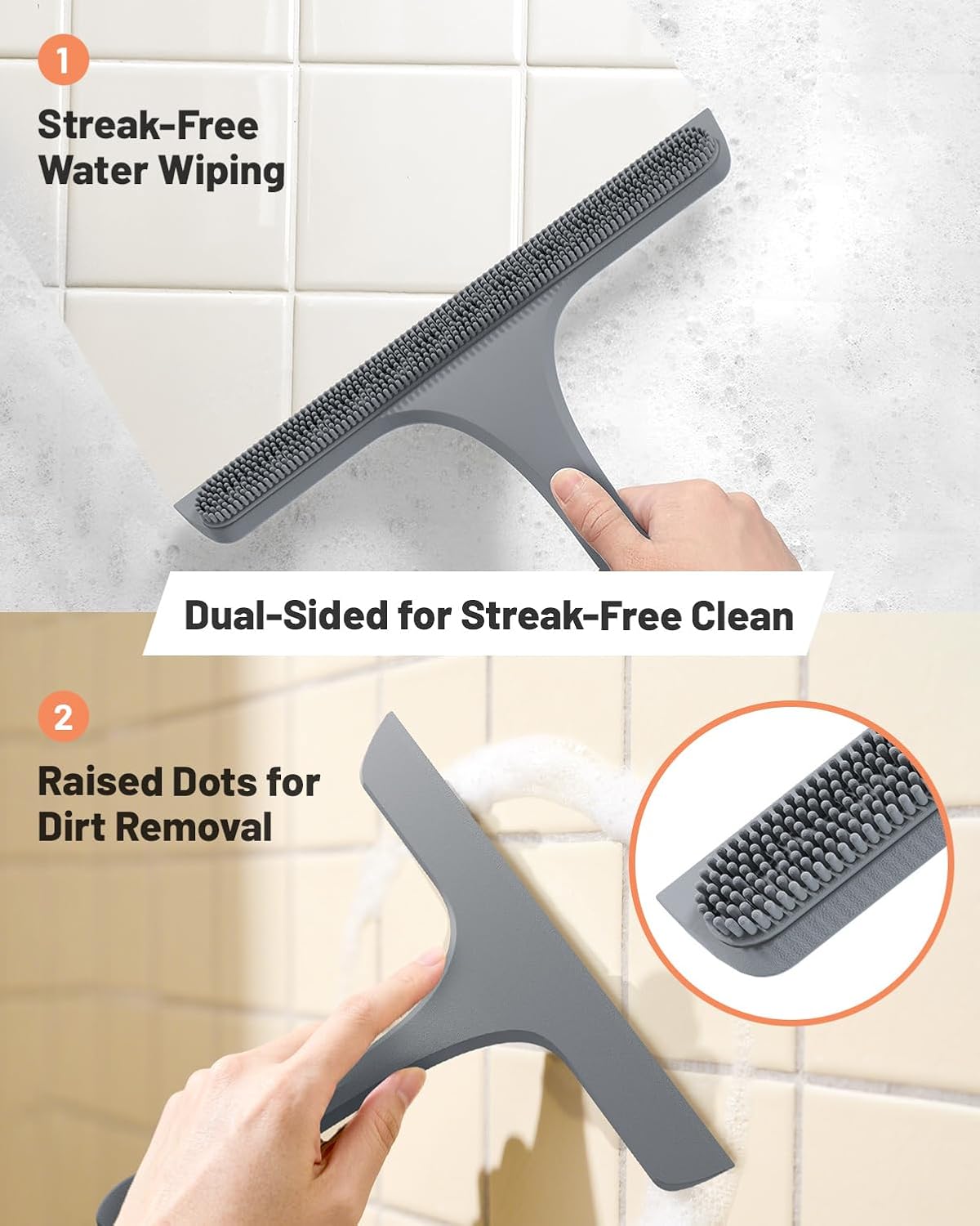 2-in-1 Silicone Shower Squeegee with Hook,Dual-Sided Design with Scraper & Scrub Surface,Rust-Proof Stainless Core,Streak-Free Bathroom Squeegee for Glass Doors,Mirrors,Windows,Car Windshields (Black)