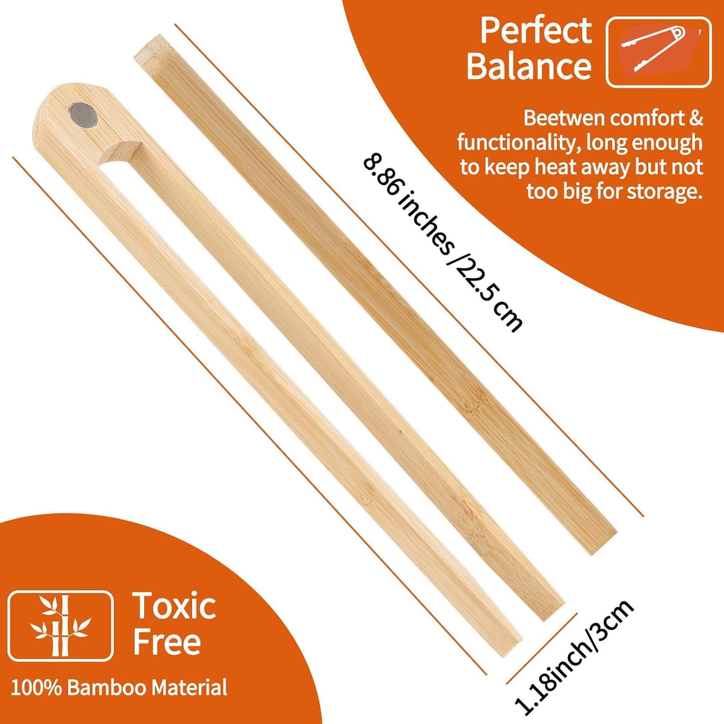 Jowmoy 2 Pieces With Magnet Natural Bamboo Toast Tongs, toast tongs, bamboo tongs,slip Design,for Toaster,Fruits, Bread & Pickles, Kitchen Utensil, Salad, Pasta, Grilling, BBQ.