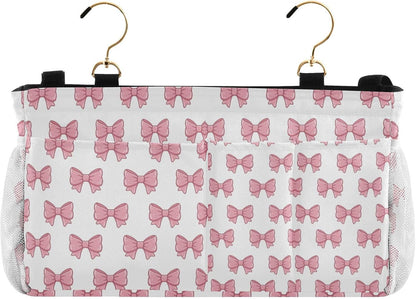 Bedside Caddy Hanging Storage Bag Pink Bows Bedside Organizer Caddy for Bunk, Dorm Room, Hospital Beds - Place Magazines / Remotes / Keys