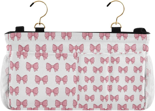 Bedside Caddy Hanging Storage Bag Pink Bows Bedside Organizer Caddy for Bunk, Dorm Room, Hospital Beds - Place Magazines / Remotes / Keys