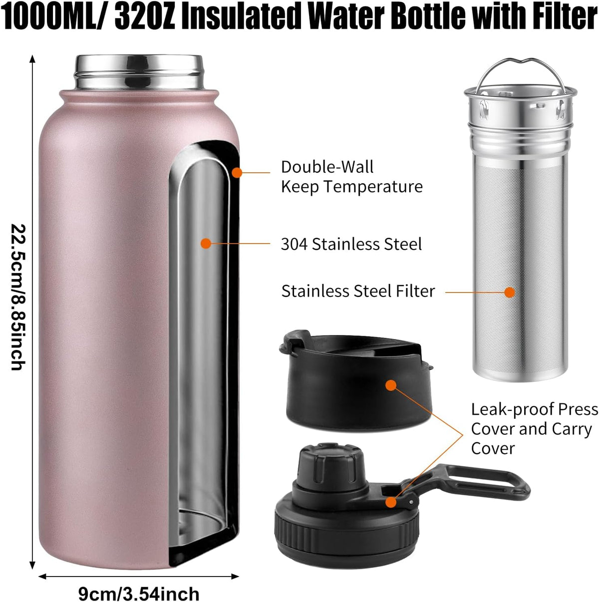 Sivaphe Infuser Travel Mug with Removable loose leaf Tea Strainer Tea Filter Water Bottle 18/8 Stainless Steel Insulated Tumbler for Women Rosegold