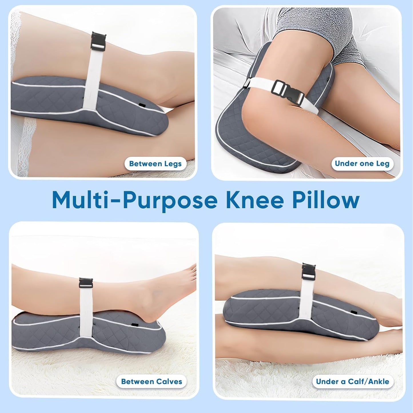 Knee Pillow with Adjustable Securing Strap for Side Sleepers | Fully Supports Knees & Thighs, Leg Support with Soft Strap, Aligns Spine, For Side Sleeping Between Legs, Orthopedic Relief