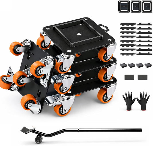 Furniture Dolly with Wheels, Heavy Duty Carbon Steel Furniture Lifter Tool | Anti-Tip Design with Dual-Brake 360° Rotatable Silent Rubber Casters, Max Load 3000LBS