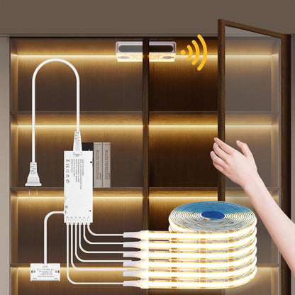 COB LED Strip Lights 12V,6-in-1 Door Sensor Control Under Cabinet Lighting Kit with 60W Adapter 6.56Ft Flexible LED Tape Light for DIY Wardrobe, Shoe Racks, Display Cabinets, Kitchen Cabinets