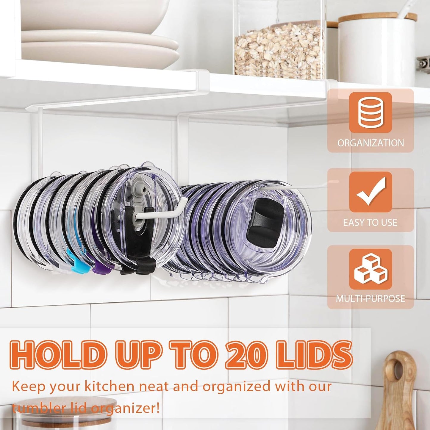 Tumbler Lid Organizer, Versatile Tumbler Lid Storage Holds 10 Lids, Black | Space Saving Cup Lid Organizers Inside Cabinet Tumbler Lid Hook for Kitchen Organizer and Storage, Paper Towel Rack Hanger