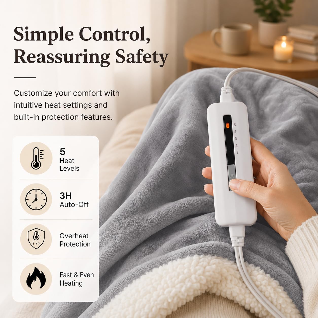Electric Heated Blanket Full Size 72"x84" – Light Gray | ETL for Safe Overnight, 4 Heat Settings & 10H Auto Off, Dual-Sided Microplush Sherpa for Home Night, Machine washable