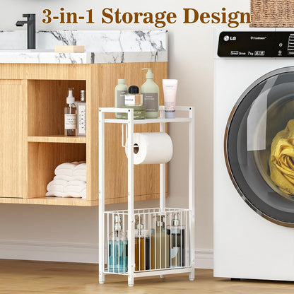Freestanding Toilet Paper Holder with Storage Shelf | Bathroom Tissue Stand with Space for Phone, Tablet, and Magazines – All-in-One Toilet Roll Dispenser and Organizer