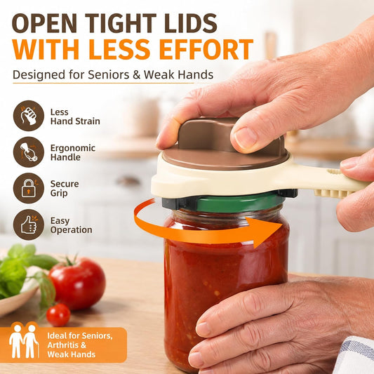 4-in-1 Jar Opener for Weak Hands & Arthritis, Adjustable Lid Opener | Non-Slip Stainless Steel Can & Bottle Opener for Jars, Cans & Bottles, Easy Grip Kitchen Tool for Seniors