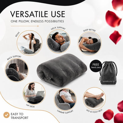 Maison Cozy® Inflatable Wedge Pillow for Travel and Sleeping - Adjustable Body Positioner for Back Support, Leg Elevation, Reading in Bed, Washable Velvet Cover, Travel Pouch (Sand Beige)