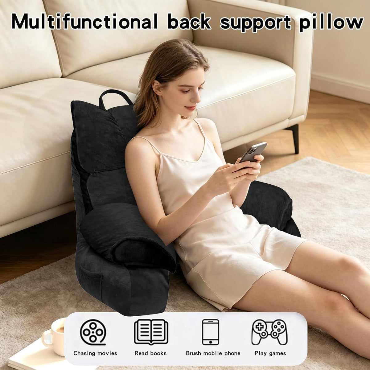 Reading Pillow for Bed with Arms, Back Support, Memory Foam（Grey Black）