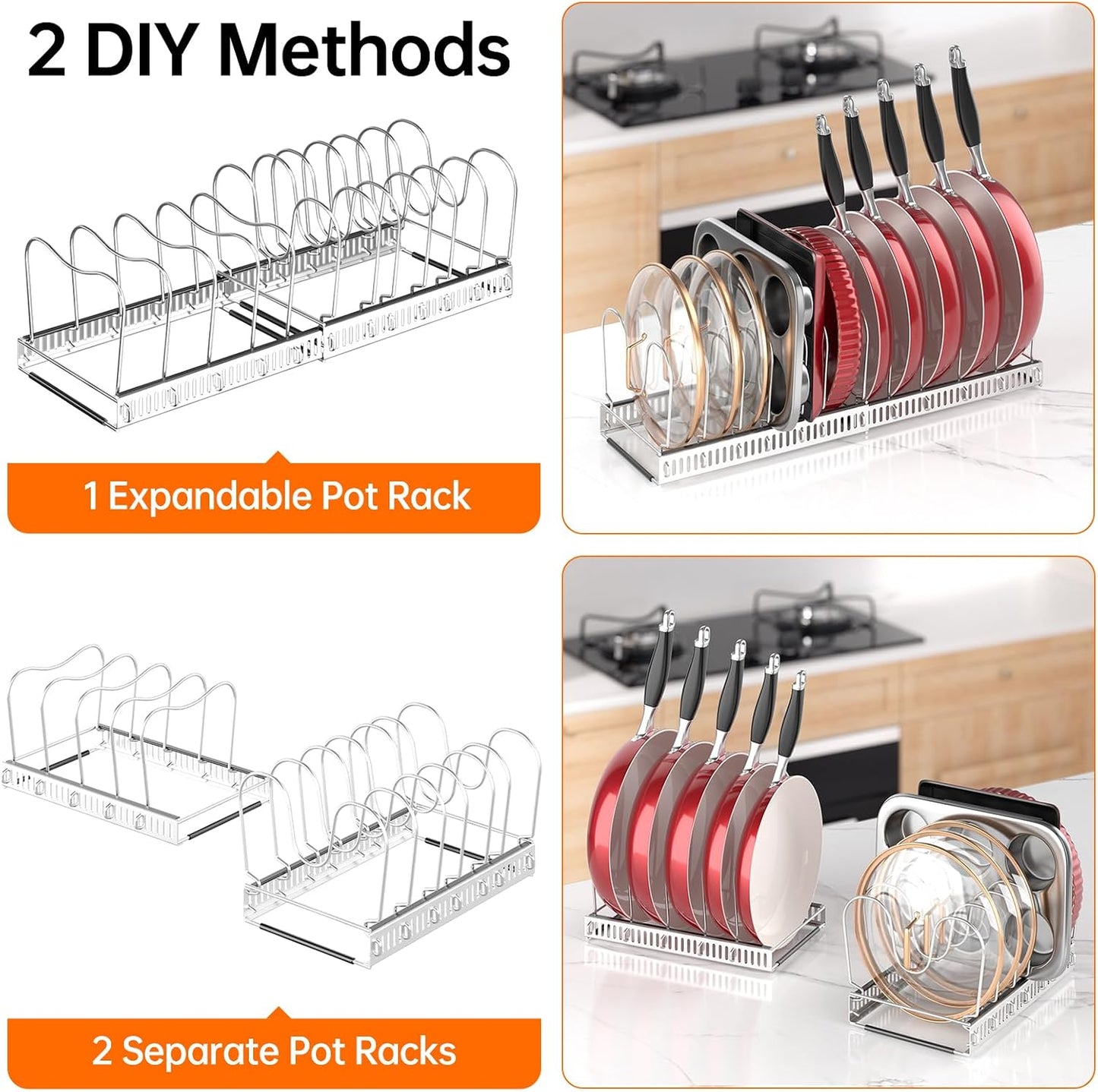 MUDEELA Expandable Pot Pan Lid Organizers inside Cabinet, 10 Divider-Black | Expandable 11.8–22.9", 10 Adjustable Divider, Tool-Free Assembly, Non-Slip, Scratch-Proof, For Pan Lid Cutting Board Bakeware