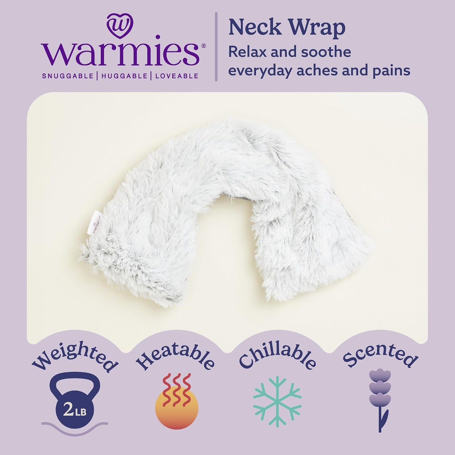 warmies Microwavable Shoulder Heating Pad, Neck Warmer & Heat Pack, Snowy | Steady Pressure, Cooling Relief, Scented with Calming French Lavender, Microwave 30 sec, Freeze 2-3 hrs, Soft Faux Fur