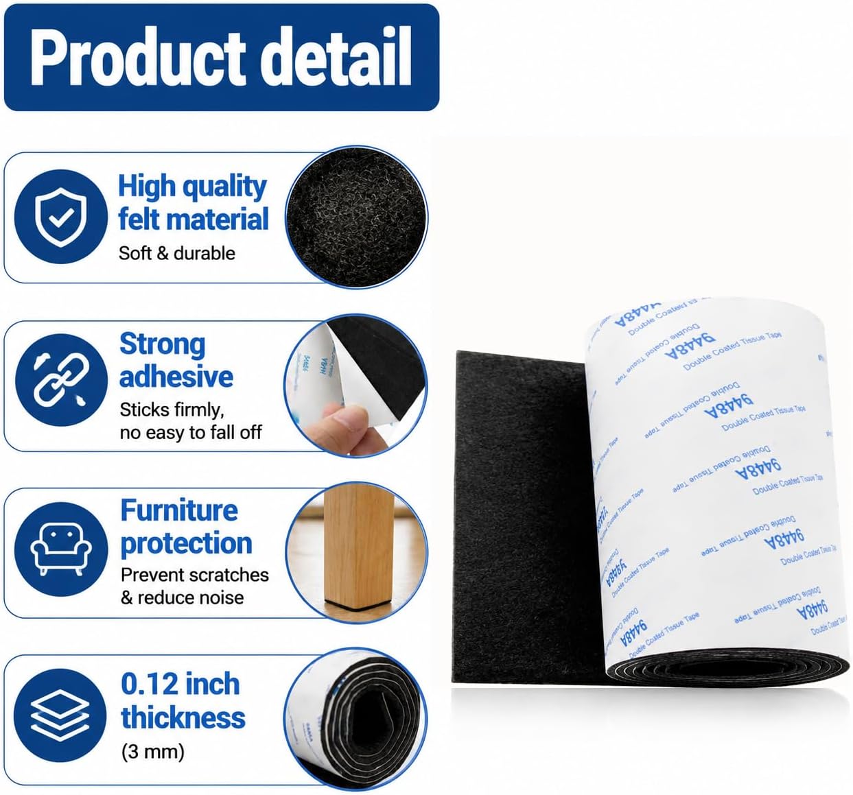 Cuttable Felt Furniture Pads with Sticky Backing,40x4 inch Self Adhesive Felt Sheets,Heavy Duty Felts Strip Roll Felts Tape Protect Hardwood Floors No Scratches No Noise